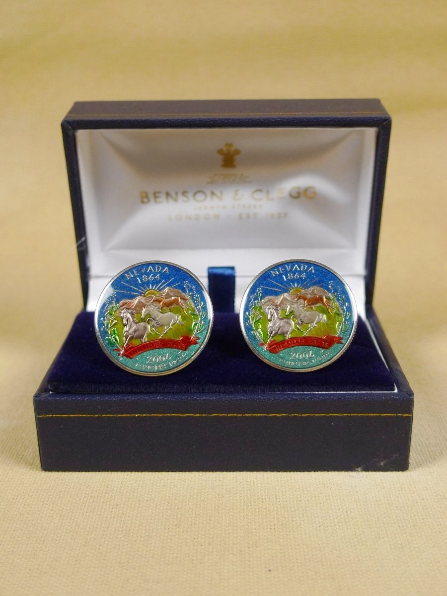 18/1351 brand new benson and clegg 'usa state quarter - nevada' coin t-bar cufflinks rrp £100 (cc2106)