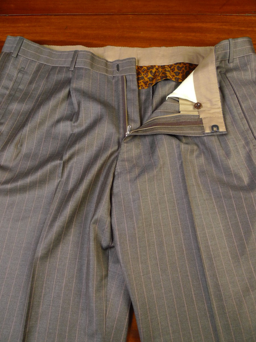 22/0321 beautiful 2007 maurice sedwell savile row bespoke brown pin-stripe wool suit w/ paisley linings 46 regular