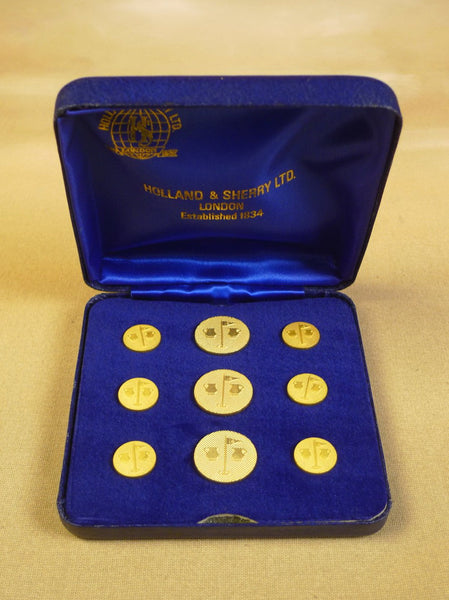 23/0060 new in case holland and sherry savile row gold 'golf pin' blazer buttons set 3+6 (rrp £120)